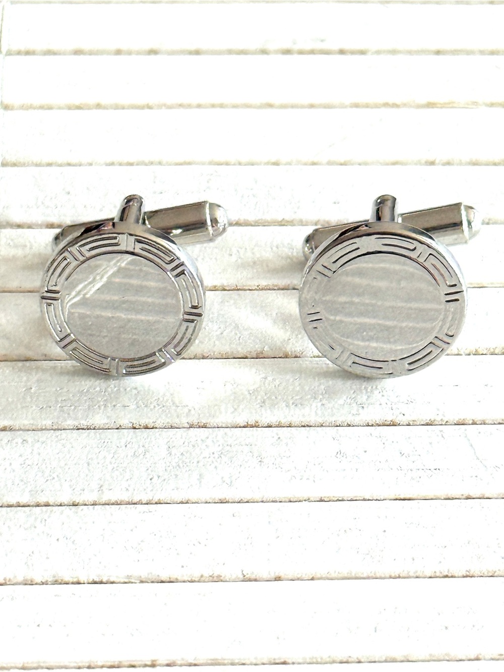 Vintage Silver-Tone Round Cufflinks Cuff Links Geometric Textured Border Men